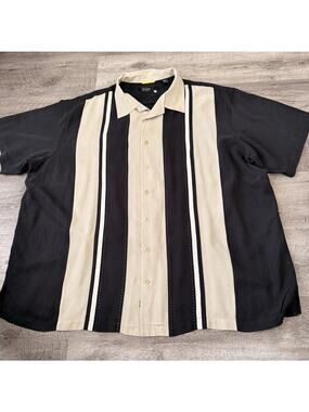 Nat Nast Silk Shirt Men 3X Beige Black Panel Design Short Sleeve Button Up Shirt
